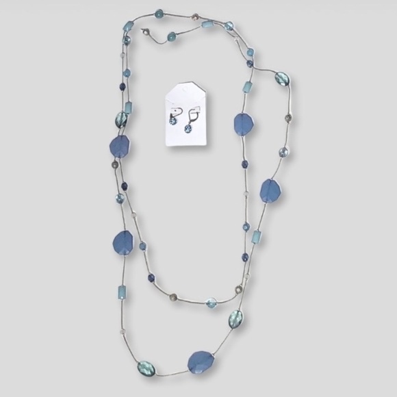 Vintage Beaded Layered Necklace Drop Earring Set Silver Tone Blue - Picture 1 of 5
